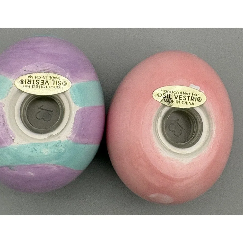 Vintage Silvestri‎ Easter Eggs Salt & Pepper Shakers Ceramic Pastel Pink Purple